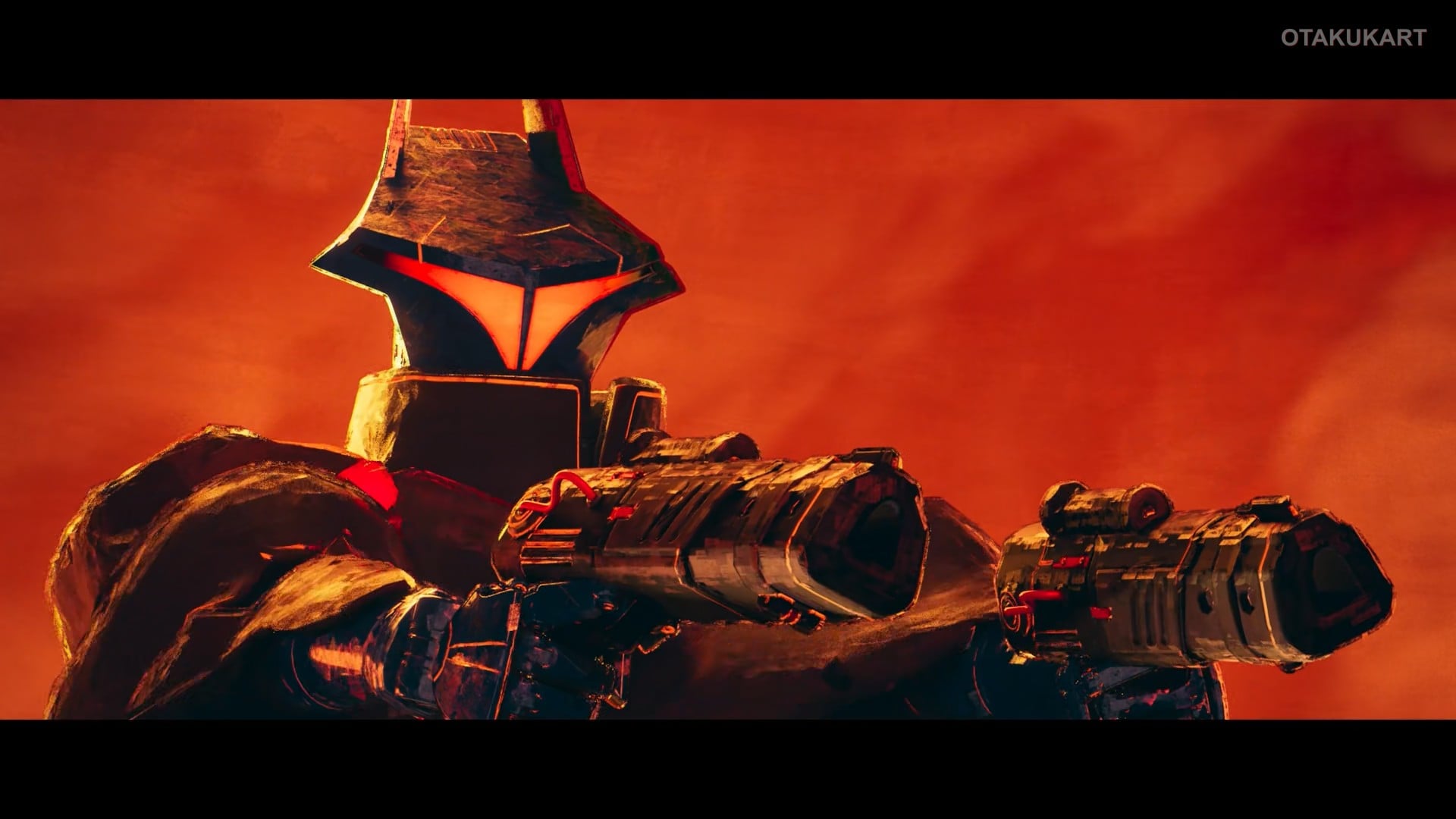 A heavily armored Imperial trooper aims dual blasters in a dramatic red battlefield scene from Star Wars: Visions Volume 3's Black (image via Lucasfilm and david production).
