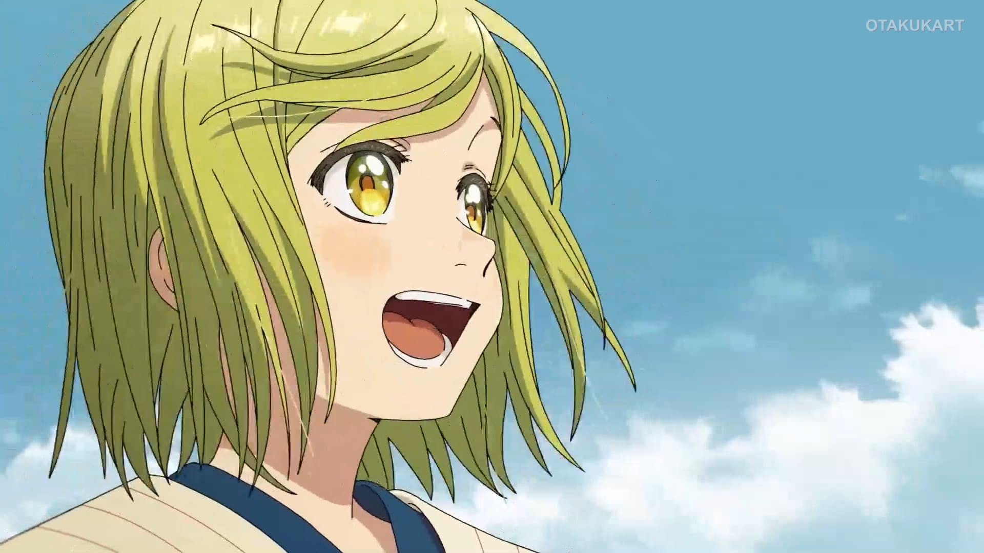 Coco smiles with excitement in Witch Hat Atelier anime as she gazes toward the sky.