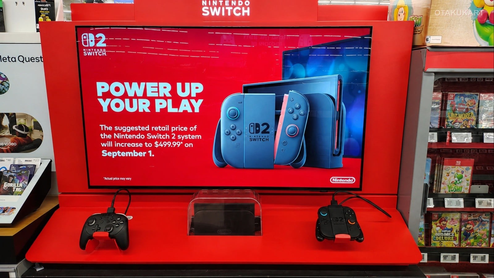 red Nintendo Switch 2 display screen shows console pricing text alongside two controllers on stands