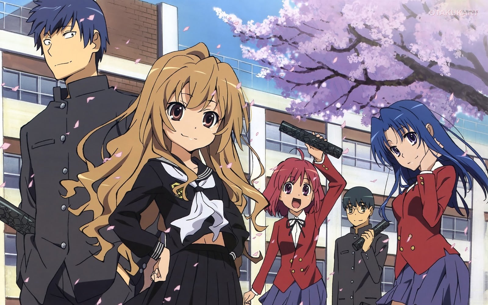 Toradora! main characters Taiga, Ryuuji, Minori, Yusaku, and Ami standing in front of a school